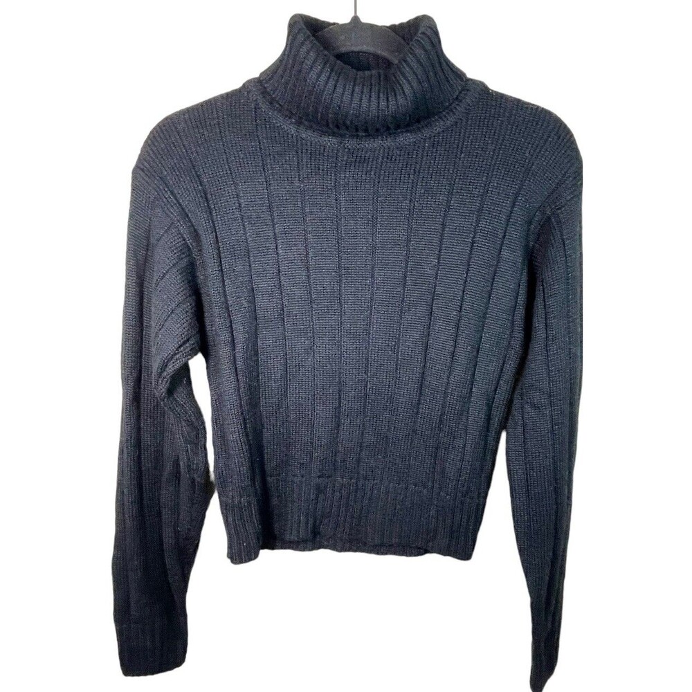 VTG Obermeyer Ladies Medium Cropped Ribbed Turtleneck Sweater Wool Blend Black